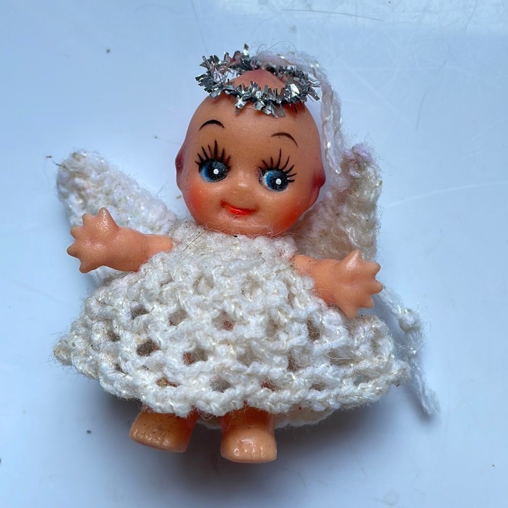 Vintage Kewpie Doll angel Christmas ornament‎ with crochet outfit & wings